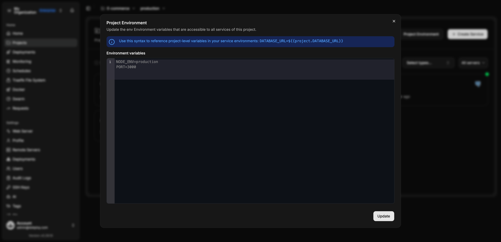 Environment variables panel