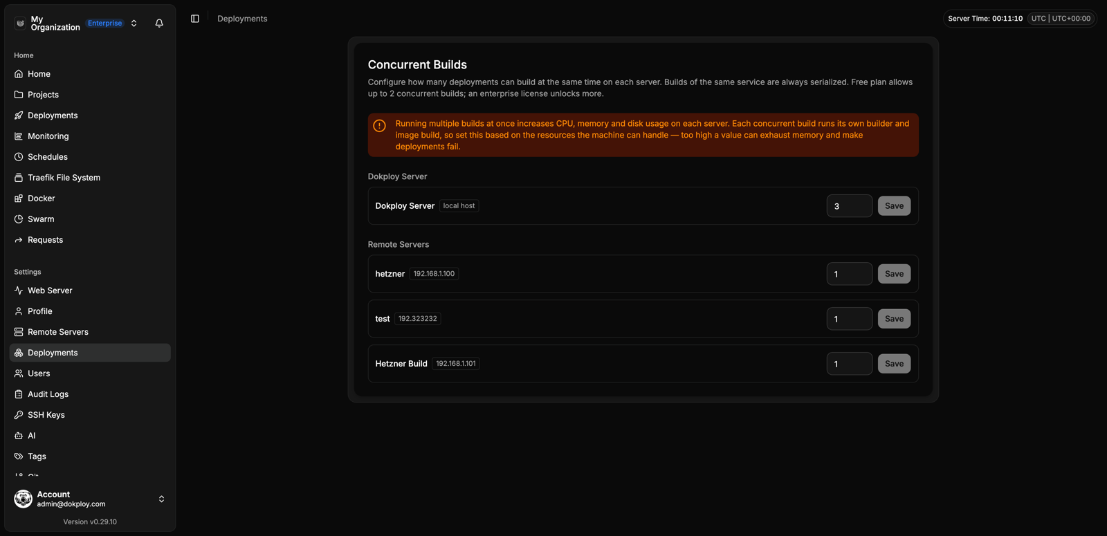 Per-server concurrency configuration under Settings > Deployments