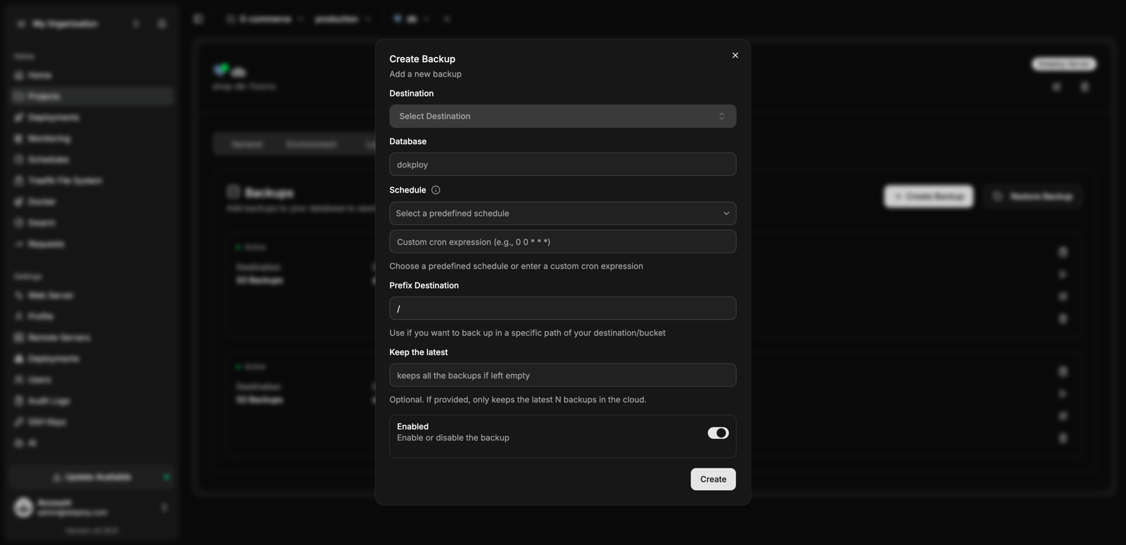 Create backup modal