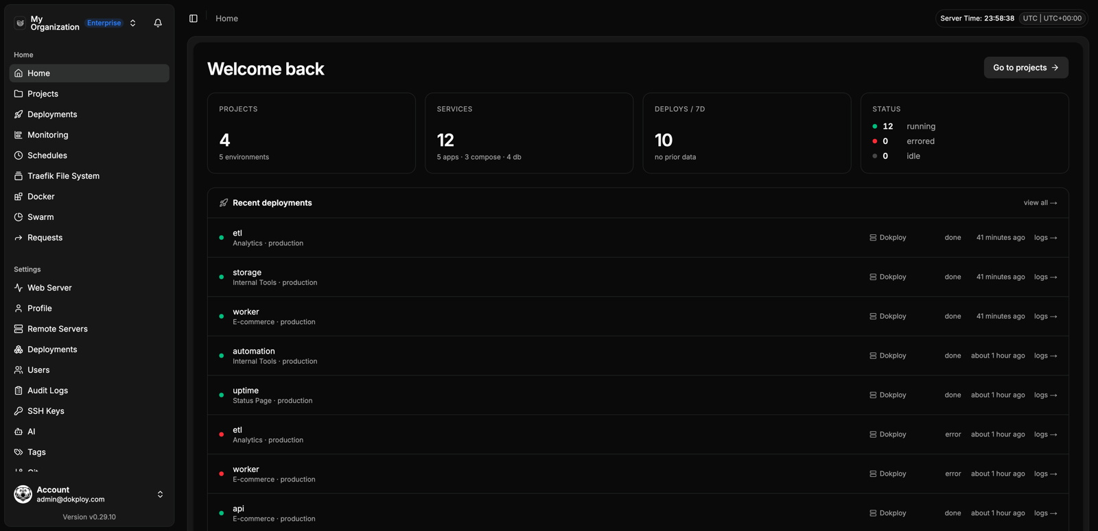 Cloudsuo home dashboard with projects, services and recent deployments